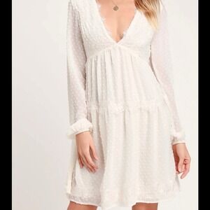 NWT Lulus Mini Dress Wistful Lace Sz M Long Sleeve Cream Off White Swiss Dot NEW